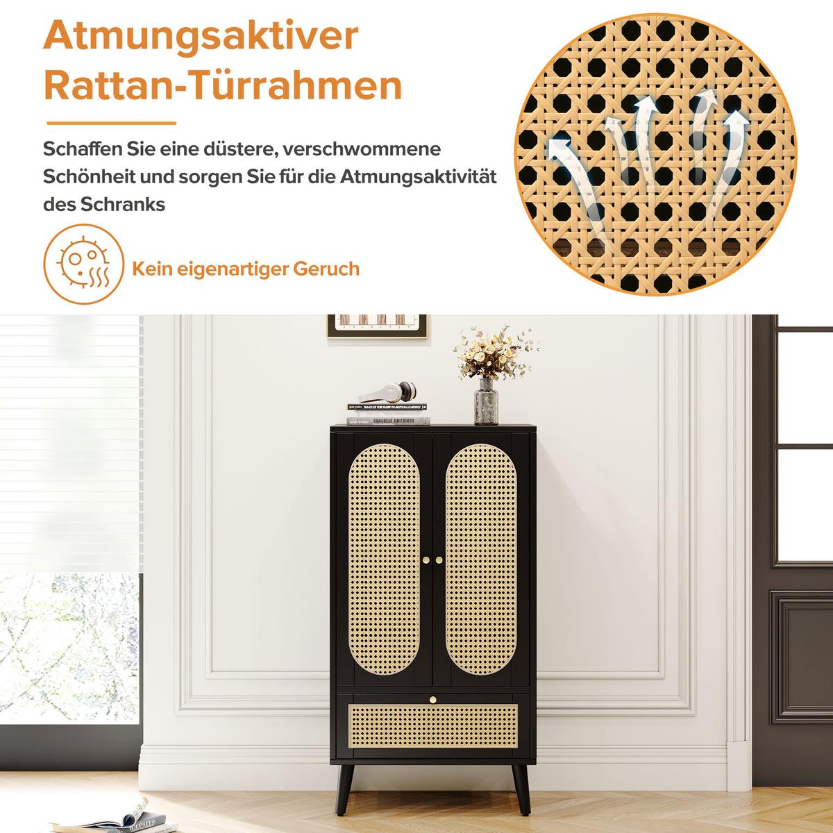 HIGHBOARD Aus Rattan Schwarz 60/40/110,5 cm - Schwarz, Holzwerkstoff/Metall (40/111/60cm) - Urban Meuble