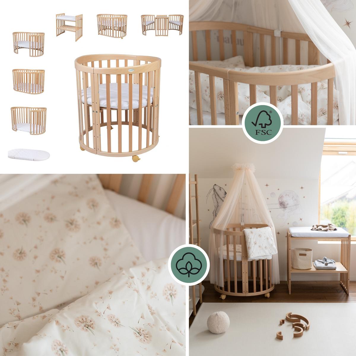 BABYBETT NATUR OVAL 7in1 mit Matratze und Himmelset - Champagner/Naturfarben, Holz/Textil (73/125cm) - waldin