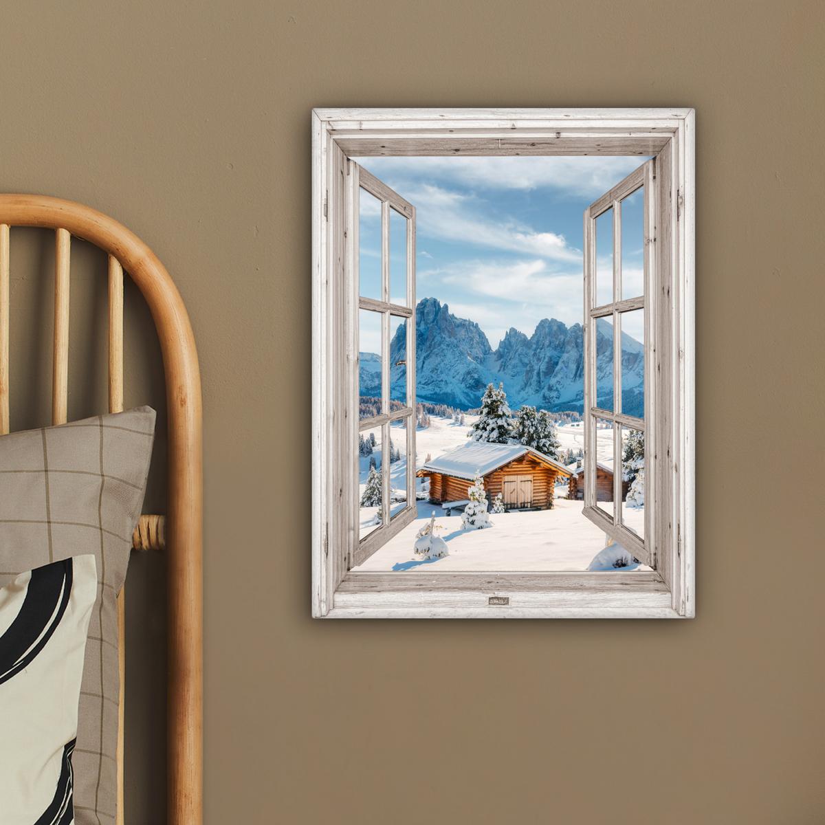 LEINWANDBILD Winterlandschaft - Hütte - Berge - Ausblicke - Aussicht - Natur Room Decor 30x40 cm - Weiß Hochglanz, Textil (30/40cm) - MuchoWow