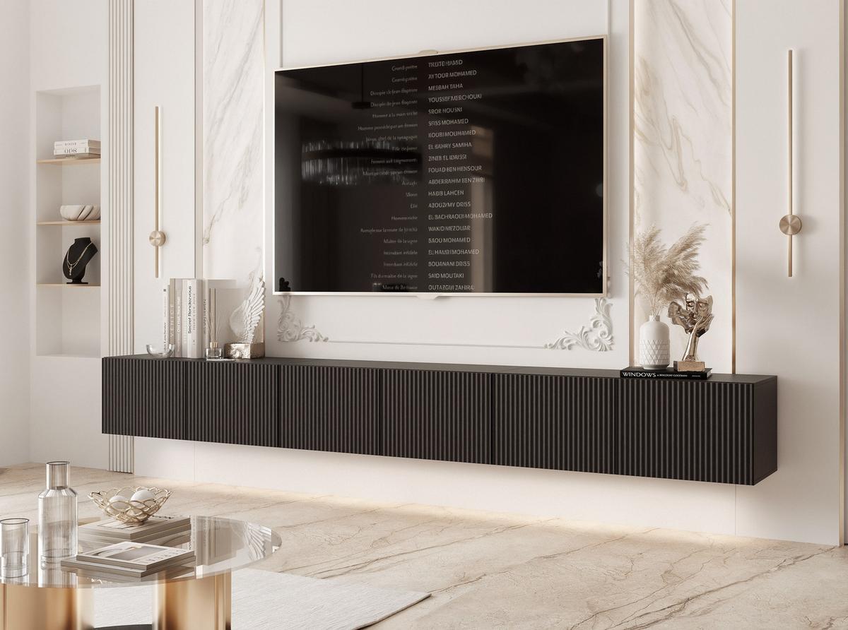 TV-HÄNGESCHRANK ANGEL 300 cm, geriffelte Front, LED-Beleuchtung, Schwarz - Schwarz, Holzwerkstoff (300/36/40cm) - Idohome