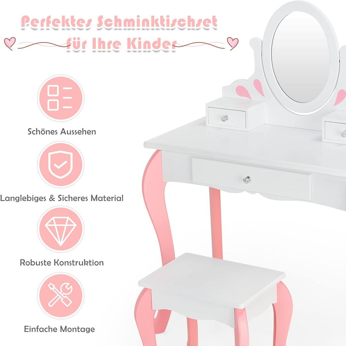KINDER SCHMINKTISCH mit Hocker Weiß - Weiß, Holz (70/100/34cm) - COSTWAY