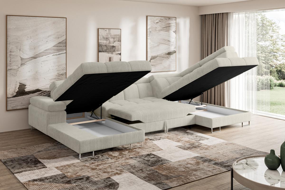 WOHNLANDSCHAFT mit Schlaffunktion und Bettkasten Ottomane RECHTS COMA U 345x203x79 Creme Cord - Mokka, Holzwerkstoff/Textil (203/79/345cm) - ALTDECOR