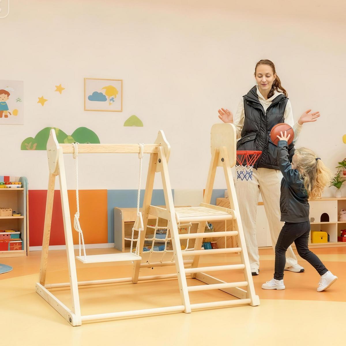 KLETTERGERÜST-MONTESSORI mit Rutsche Schaukel und Basketballkorb - Naturfarben, Holz (133/43/140cm) - AIYAPLAY