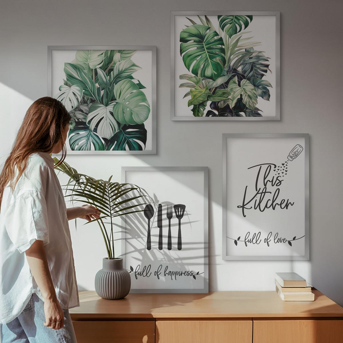 BILDER SET 4er Set - 50x50 cm & 40x60 cm Silberner Rahmen - Küchenutensilienmuster Blätter - Silberfarben, Kunststoff (50/50cm) - TULUP