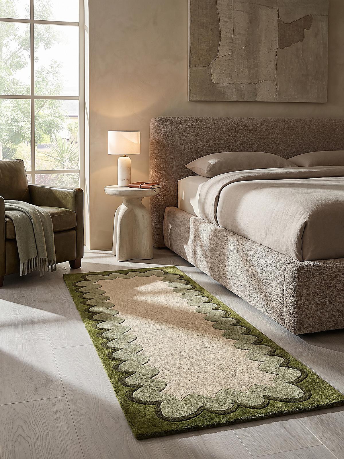 TEPPICHLÄUFER handgetuftet WAVENEY, Zickzack-Wellenbordüre, Olivgrün, 80 x 230 cm - Grün, Textil (80/230cm) - KADIMA DESIGN