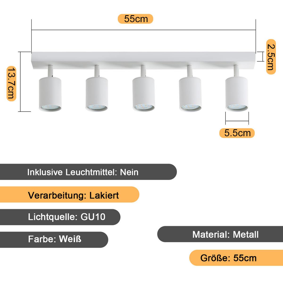 DECKENSTRAHLER Roger 5-flammig 55/3/14 cm - Weiß, Metall (55/3/14cm) - Nettlife