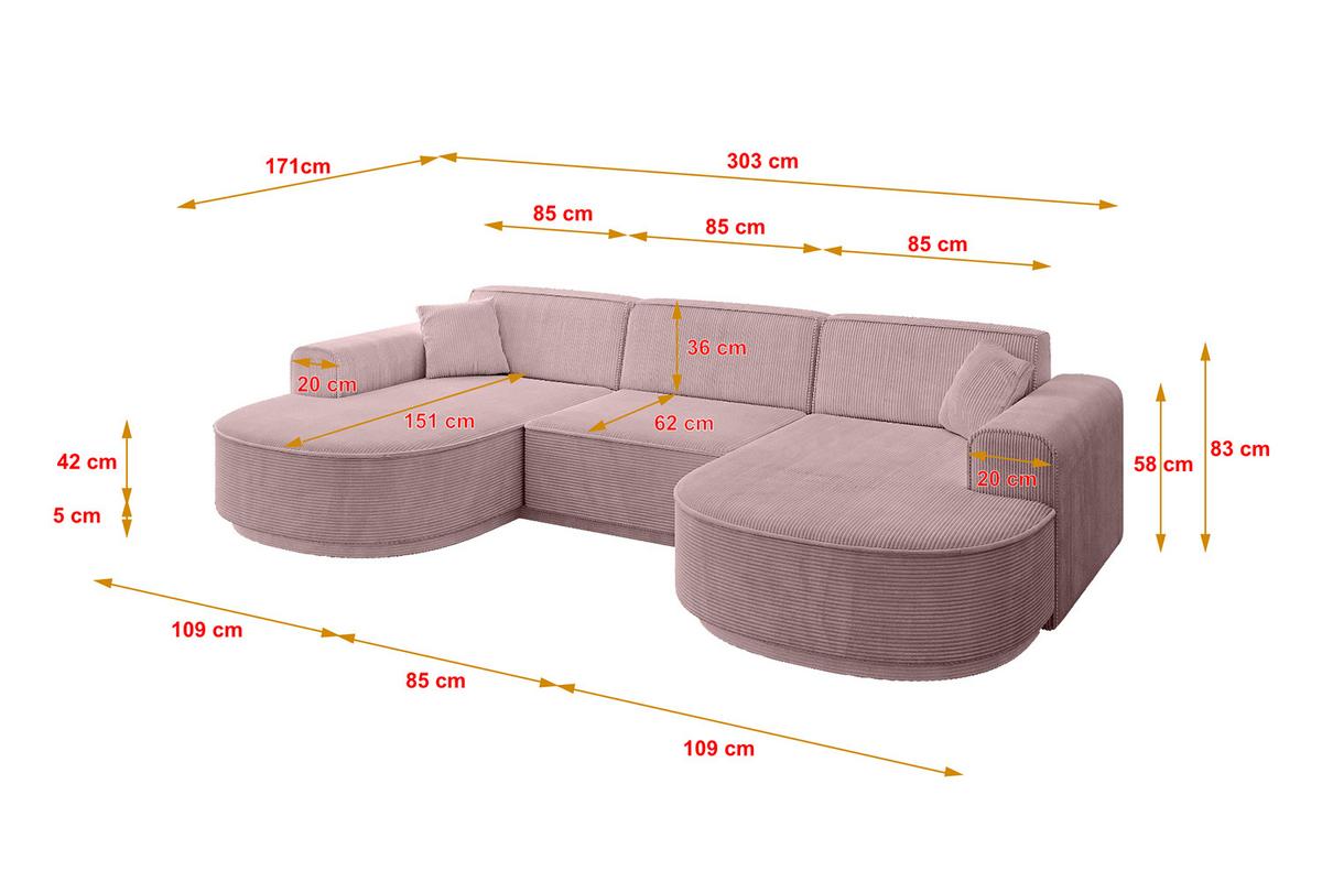 WOHNLANDSCHAFT MARI-U1-v3 - 303x171x83 cm Rosa Cord - Schwarz/Rosa, Holzwerkstoff/Kunststoff (303/83/171cm) - ALTDECOR