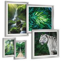 BILDER SET 5er Set - 50x50 cm & 20x30 cm & 40x60 cm Silberner Rahmen - Dschungel-Weißtiger-Wasserfall - Silberfarben, Kunststoff (40/60cm) - TULUP