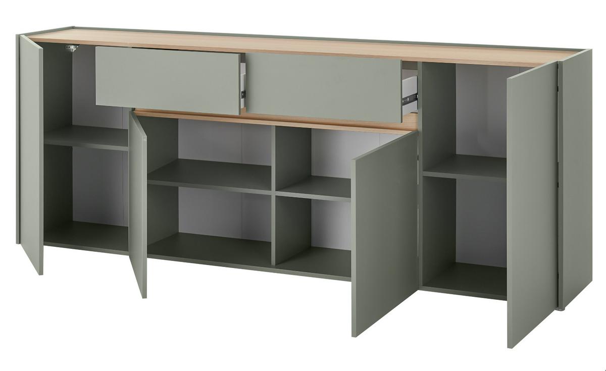 SIDEBOARD in Salbei Grün mit Eiche, große Kommode 4-türig mit Schubkästen, 223 x 87 cm - Salbeigrün/Eichefarben, Holz/Holzwerkstoff (223/87/40cm) - Furn.Design