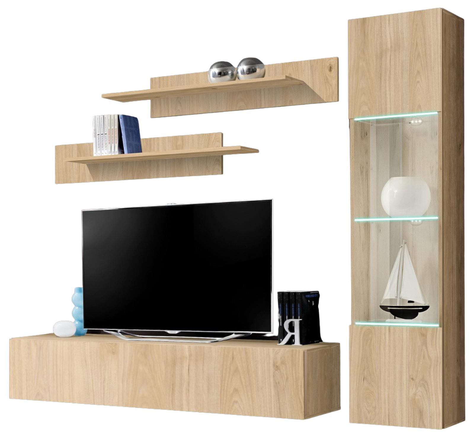 WOHNWAND Eiche Jackson 210 cm 4-teilig hängend, Schrwankwand mit LED-Beleuchtung - Eichefarben, Glas/Holzwerkstoff (210/170/40cm) - Inn.Furn