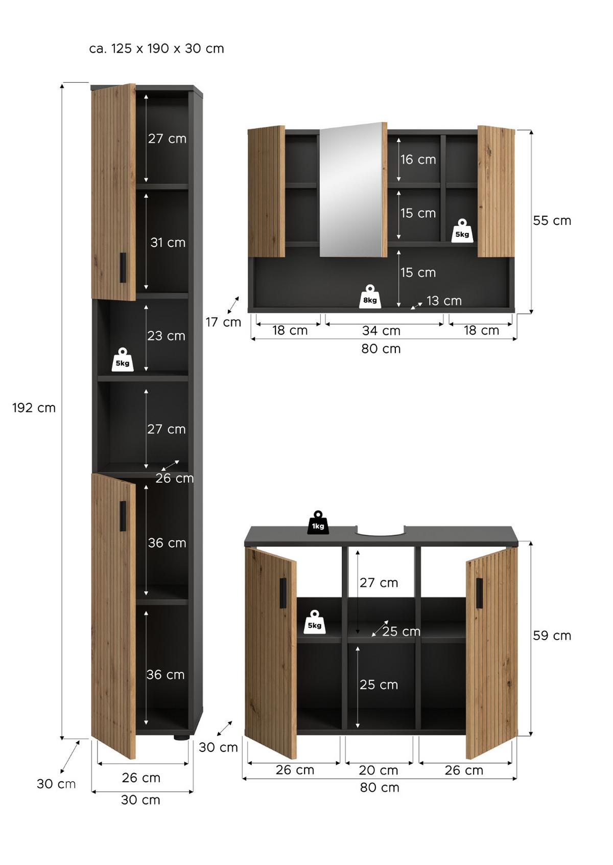 BADMÖBEL-SET Eiche, grau mit Rillen, Kombination 3-teilig 125 cm, Livia - Schwarz/Eiche Artisan, Glas/Holzwerkstoff (125/192/30cm) - Inn.Furn