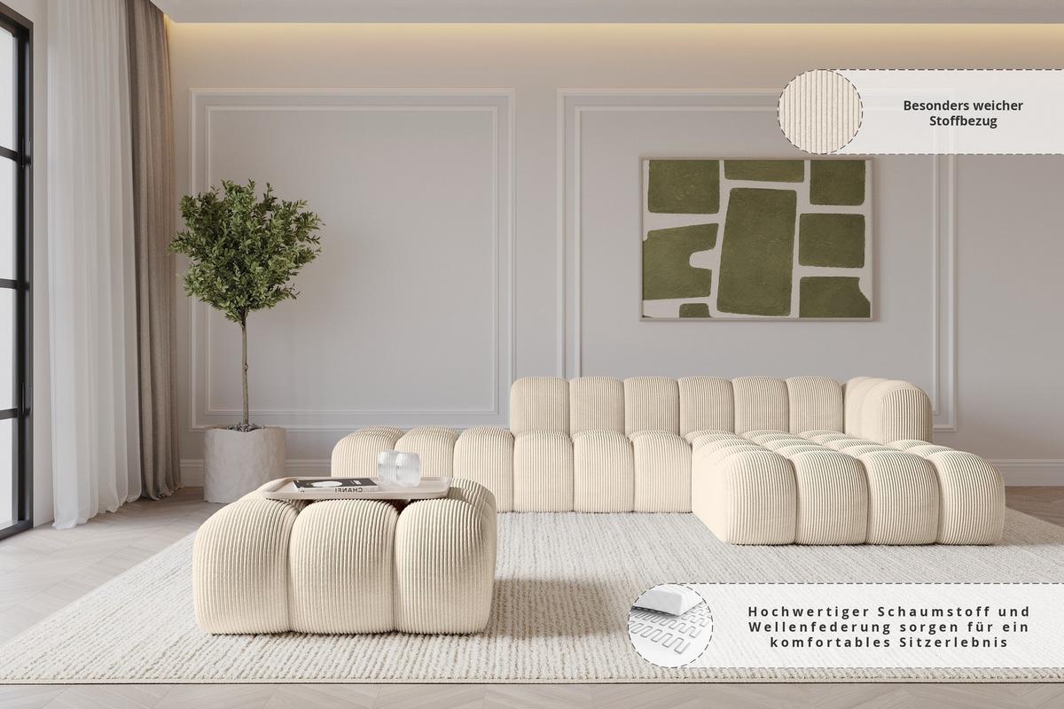 POUF OLEA-PUF 91x87x44 cm Beige Cord Modular Sitzhocker - Greige/Beige, Holzwerkstoff/Kunststoff (91/44/87cm) - ALTDECOR