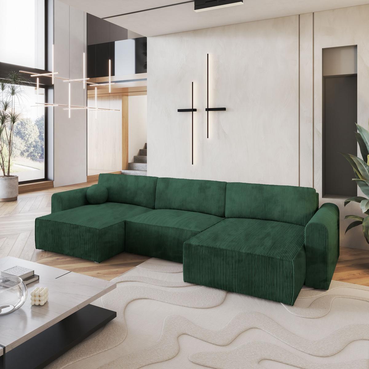 WOHNLANDSCHAFT FENTO P Grün Kordstoff mit Schlaffunktion - Grau/Grün, Holz/Kunststoff (347/90/148cm) - MASSENO