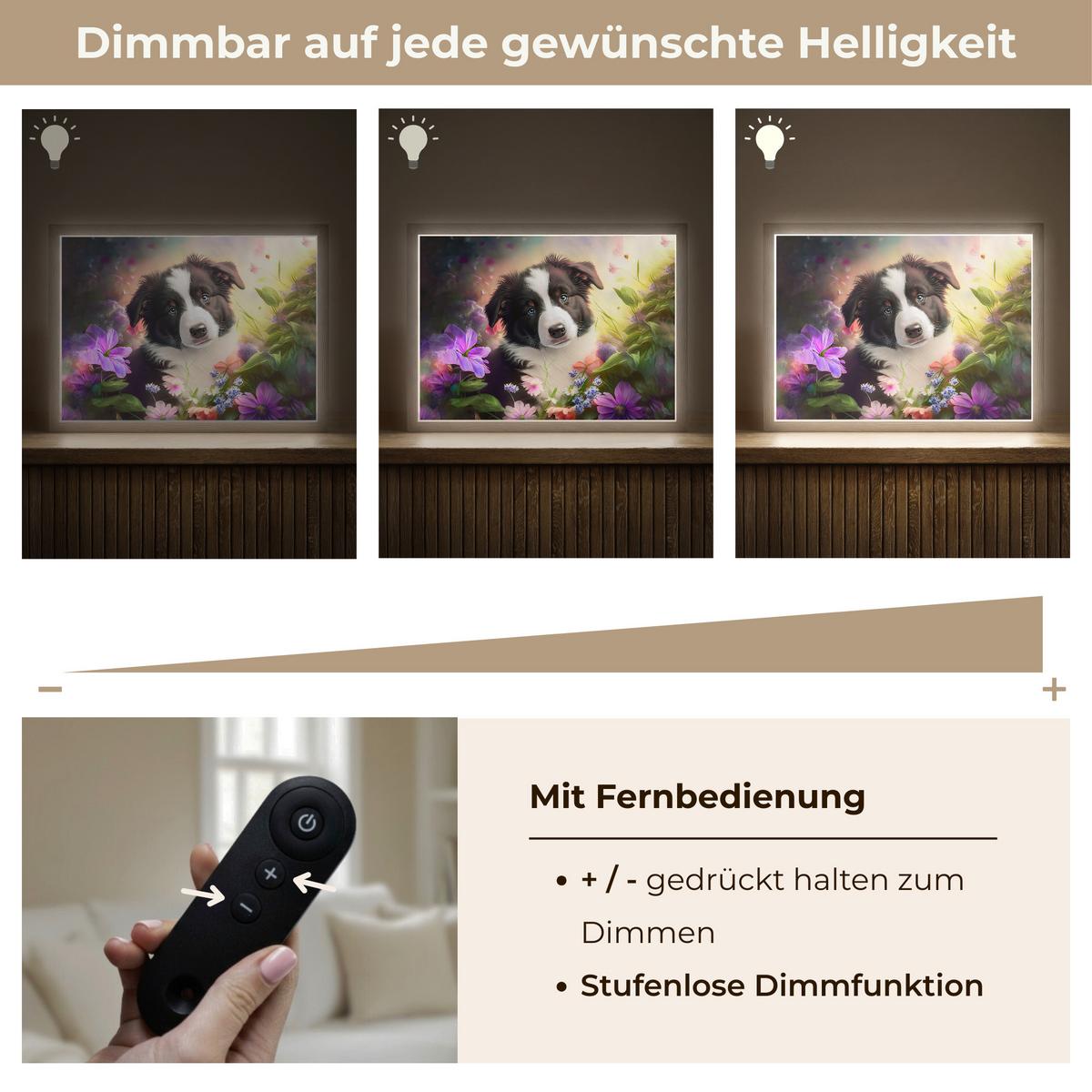 NACHTTISCHLAMPE MIT AKKU Welpe - Sonne - Blumen - Natur - Border Collie - Hund 40x30 cm - Violett, Holzwerkstoff (8/40/30cm) - OnlyWow