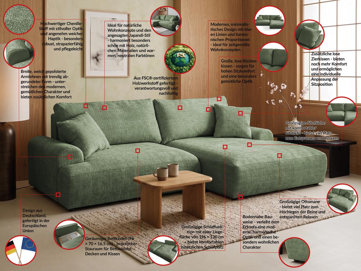 ECKSOFA Melvano mit Schlaffunktion und Bettkasten im Japandi-Stil aus weichem Grün Chenille-Stoff - Schwarz/Grün, Holz/Kunststoff (240/145cm) - S-Style