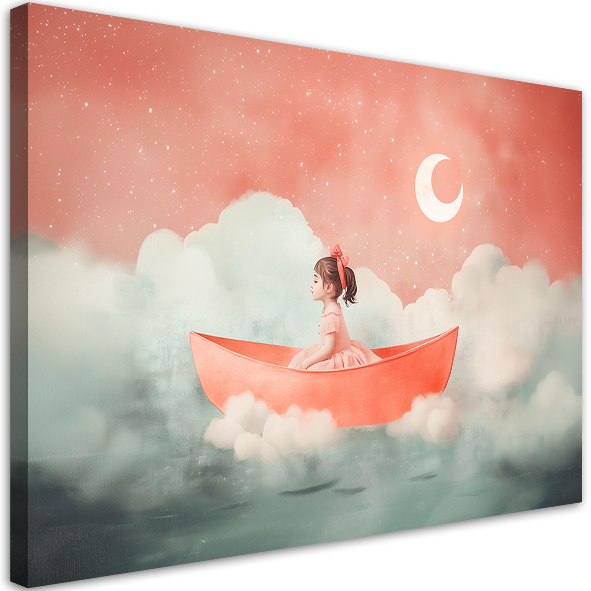 WANDBILD für kinderzimmer ein mädchen in einem boot in den wolken - Pink, Textil (60/40cm) - Feeby