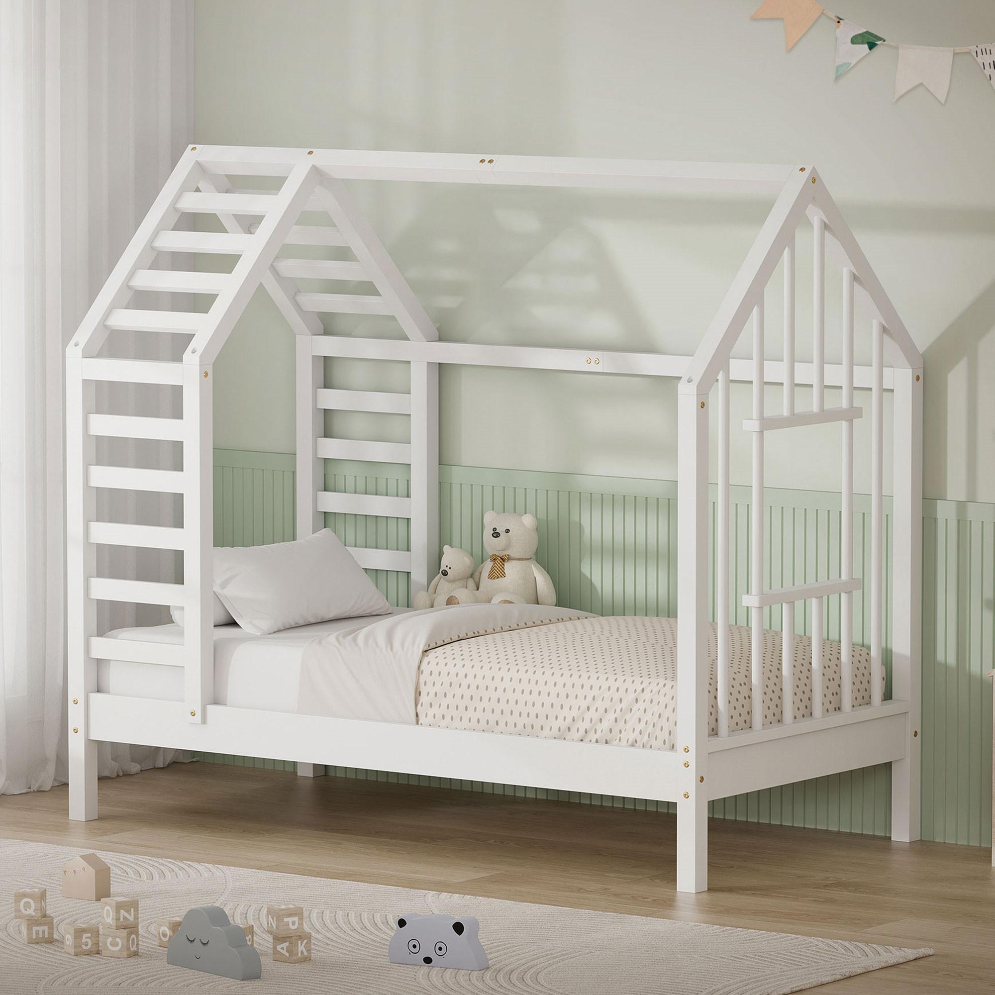 KINDERBETT 70x140 cm mit Lattenrost Dach und Fenster Hausbett aus massivem Kiefernholz Weiß - Weiß, Holz (70/140cm) - ML-DESIGN