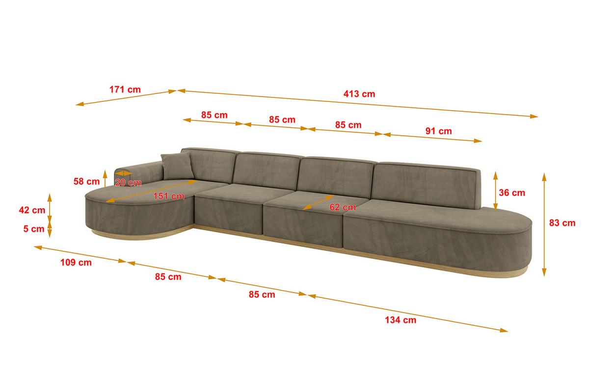 ECKSOFA Ottomane Links MARI-L3-v2 - 413x171x83 cm Dunkelbraun Velours - Dunkelbraun, Holzwerkstoff/Textil (413/171cm) - ALTDECOR
