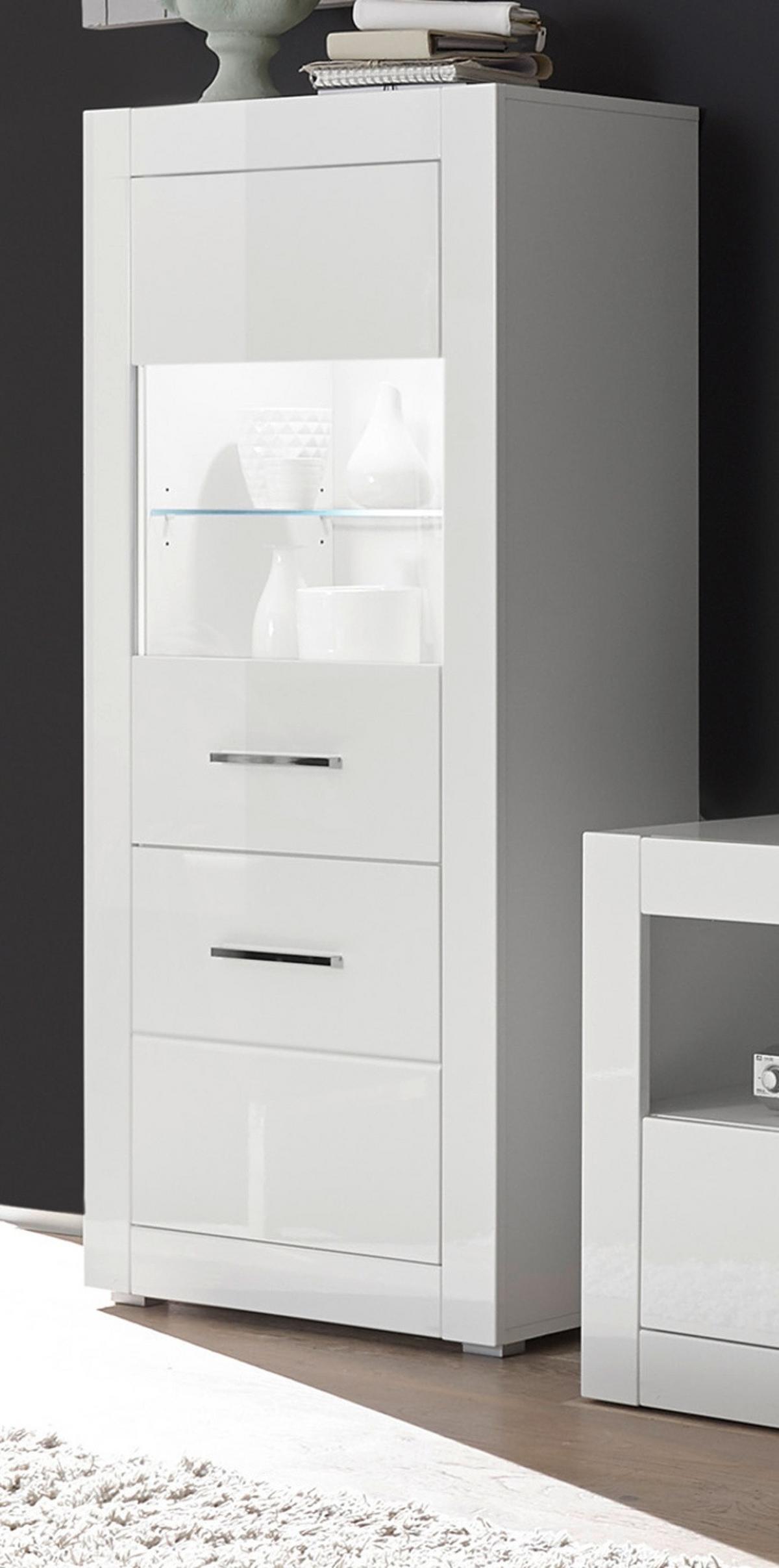 VITRINE weiß Hochglanz 65 cm, Vitrinenschrank wechselbarer Türanschlag - Weiß Hochglanz/Silberfarben, Glas/Holzwerkstoff (65/142/35cm) - Furn.Design