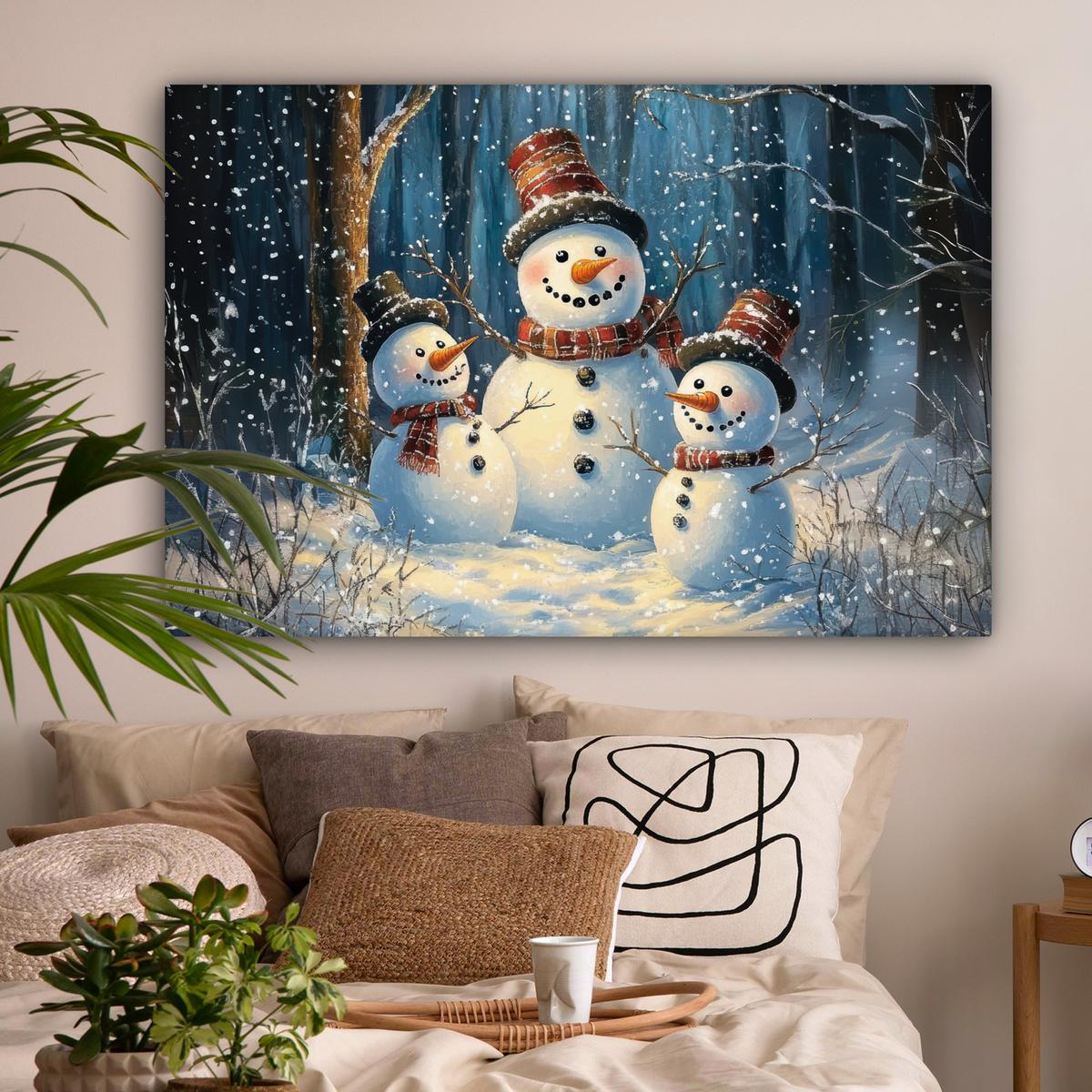 LEINWANDBILD Schneemann - Schnee - Winter - Wald Groß 140x90 cm - Hellblau, Textil (140/90cm) - MuchoWow