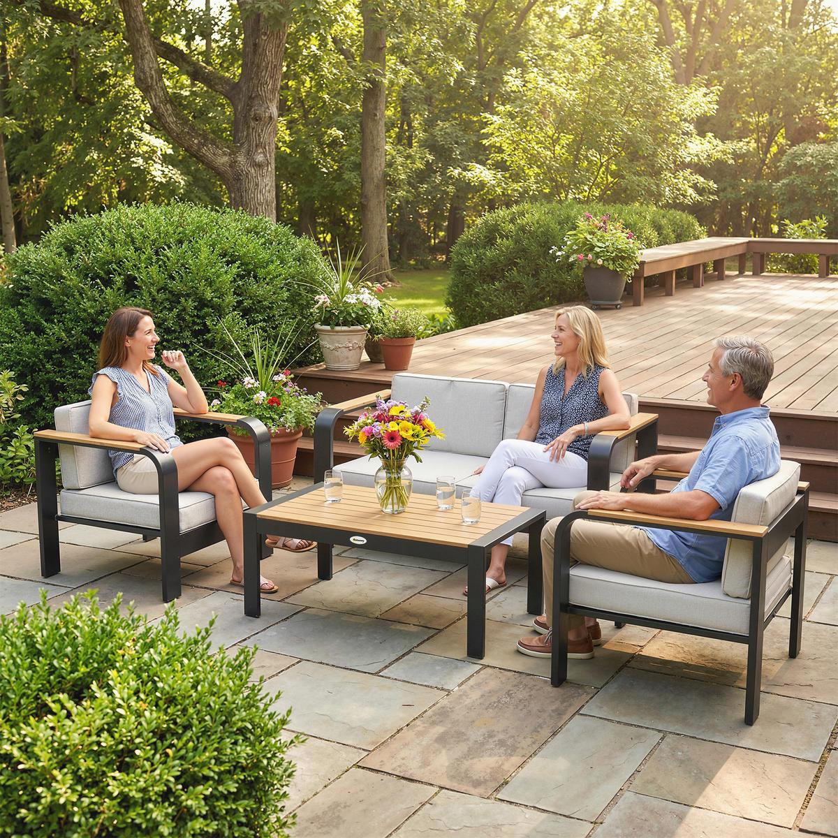 GARTENMÖBEL-SET 4er Set Aluminium WPC Beige - Beige/Teakfarben, Textil/Metall - Outsunny
