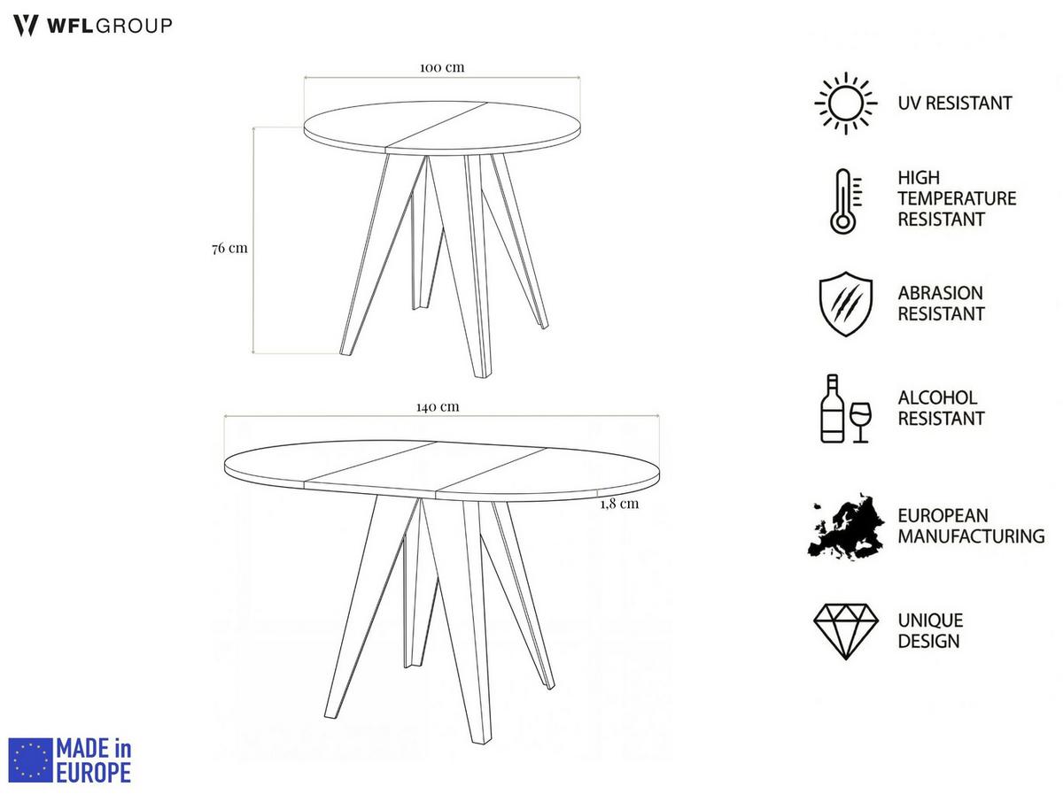 ESSTISCH Glory runder ausziehbarer, Lancelot Eiche 100-140/100/76 cm - Eichefarben/Schwarz, Holzwerkstoff/Metall (100/140/76cm) - WFL GROUP