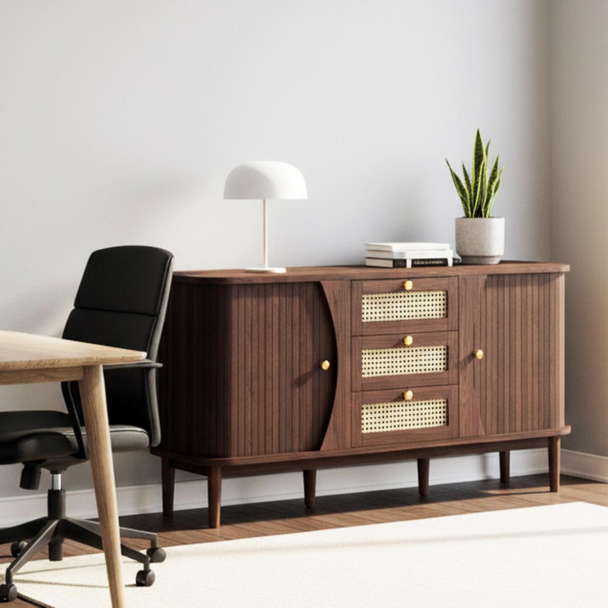 SIDEBOARD Walnuss Optik mit Rattan Schubladen und Schiebetüren - Walnussfarben, Naturmaterialien/Holzwerkstoff (140/73/40cm) - Urban Meuble