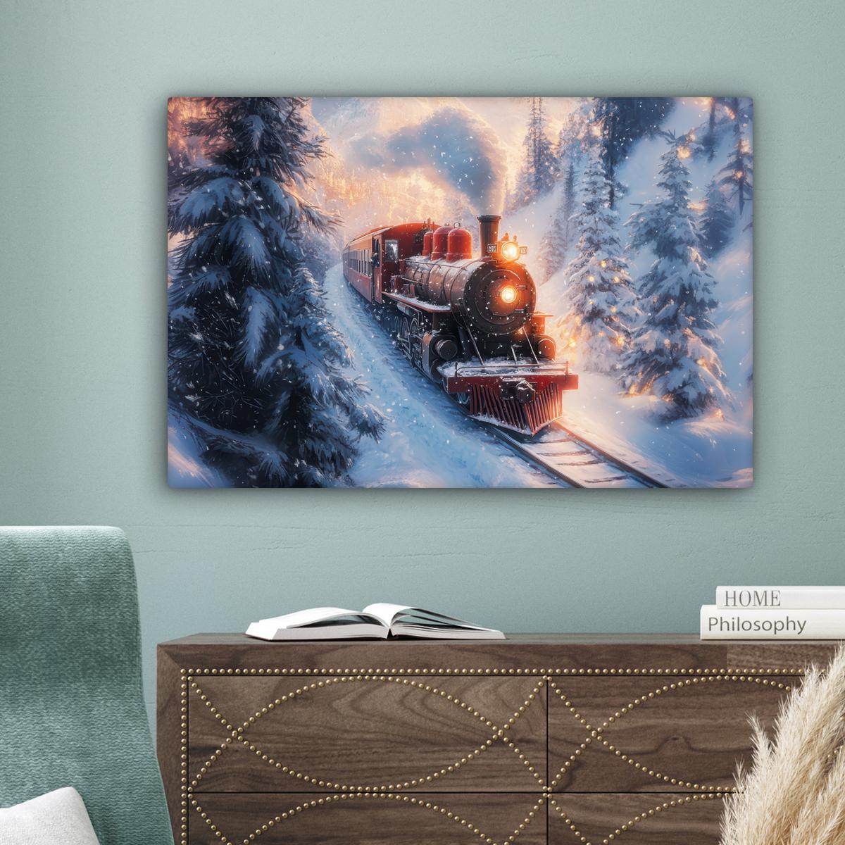 LEINWANDBILD Weihnachtszug - Schnee - Winter - Weihnachten Gemälde 60x40 cm - Dunkelrot, Textil (60/40cm) - MuchoWow