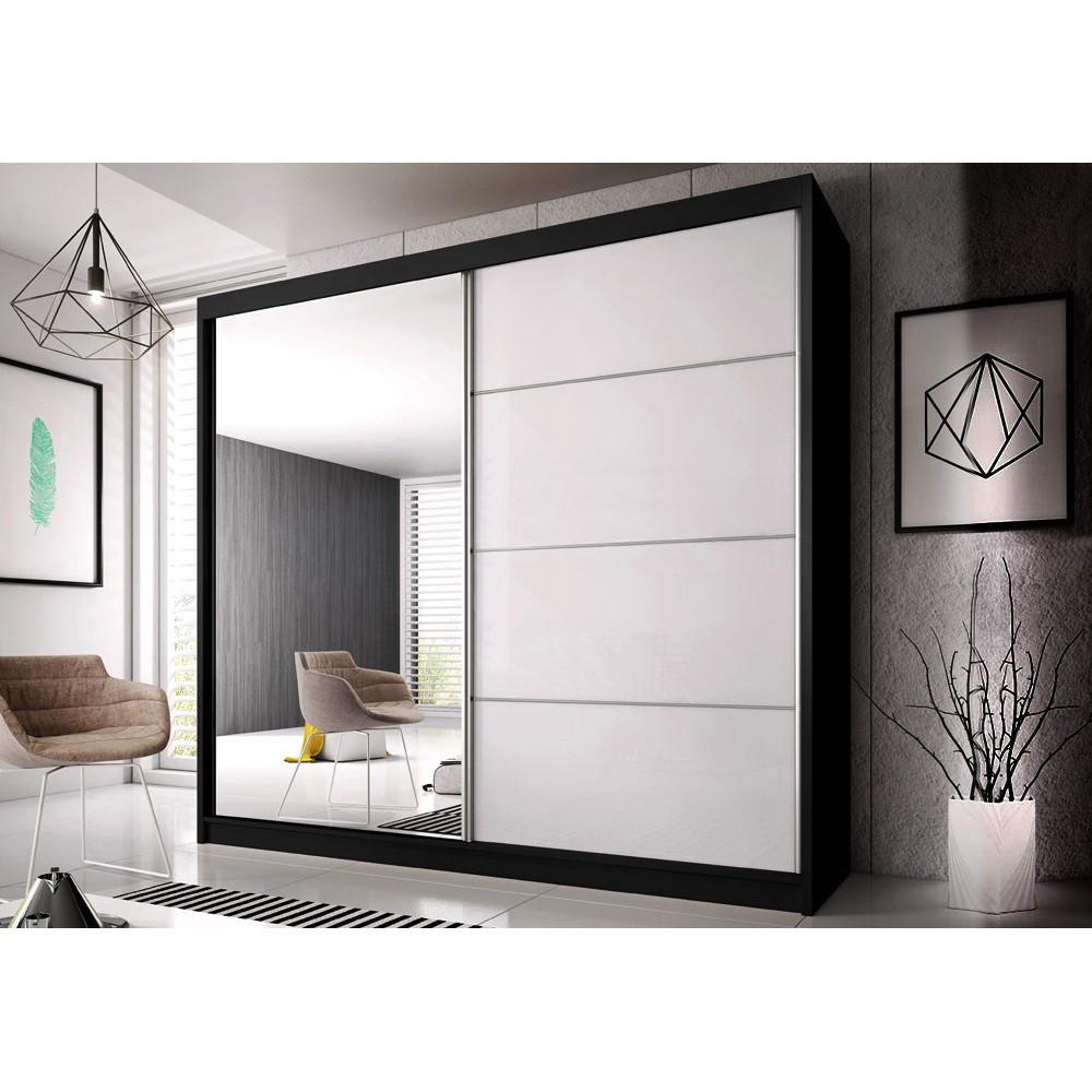 SCHWEBETÜRENSCHRANK Multi 42 Schwarz/Weiß + Spiegel, mit LED-Beleuchtung 203 cm - Alufarben/Schwarz, Glas/Holzwerkstoff (203/218/61cm) - imoebel24