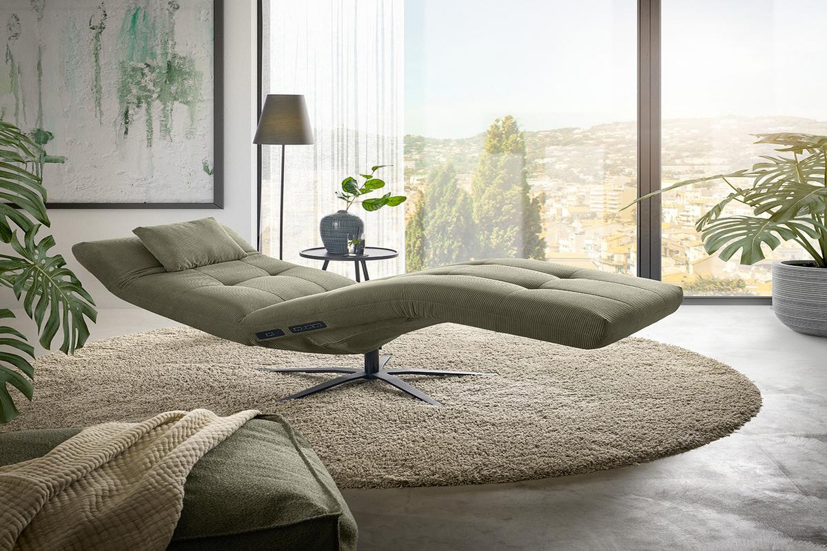 RELAXLIEGE LETICIA Grün Cord Drehbar (360°), Relaxfunktion - Schwarz/Olivgrün, Textil/Metall (82/115/156cm) - KAWOLA