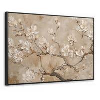 LEINWAND Bilder mit Rahmen - Blumen - Modern - Beige - Weiß - Blüte - 140x90 - Beige, Textil (140/90cm) - MuchoWow