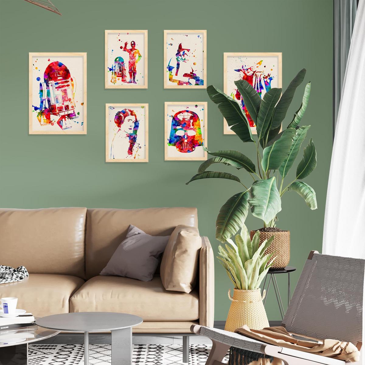 POSTER Set Mit 6 Star Wars Aquarell Illustrationen Klassischer Science Fiction Geschichten Und Filme Innenarchitektur A3 & A4 Rahmen Aus Hellem Holz - Beige, Papier (29/3cm) - Nacnic