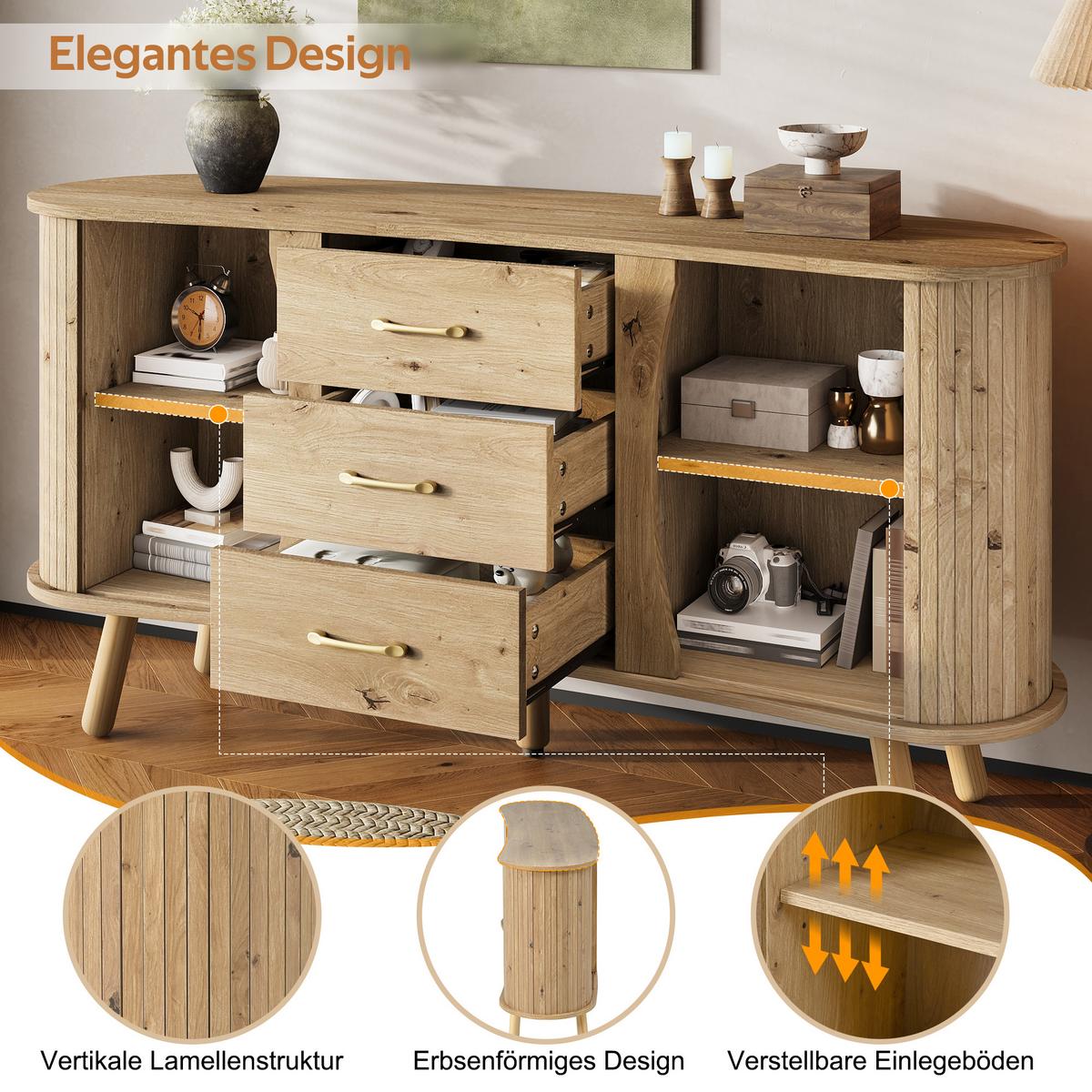 SIDEBOARD holzoptik & erbsenform 2 schiebetüren & 3 schubladen - Naturfarben, Holzwerkstoff (150/75/36.5cm) - Urban Meuble