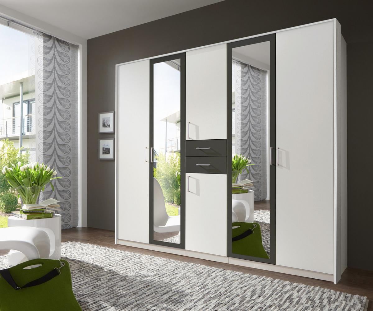 DREHTÜRENSCHRANK Kleiderschrank B228/H210/T58 cm mit Passepartout, Schubkästen & 2 Spiegeltüren, Weiß mit Absetzungen in Grafit / 22598 - Silberfarben/Graphitfarben, Holzwerkstoff/Kunststoff (228/210/58cm) - luma-home