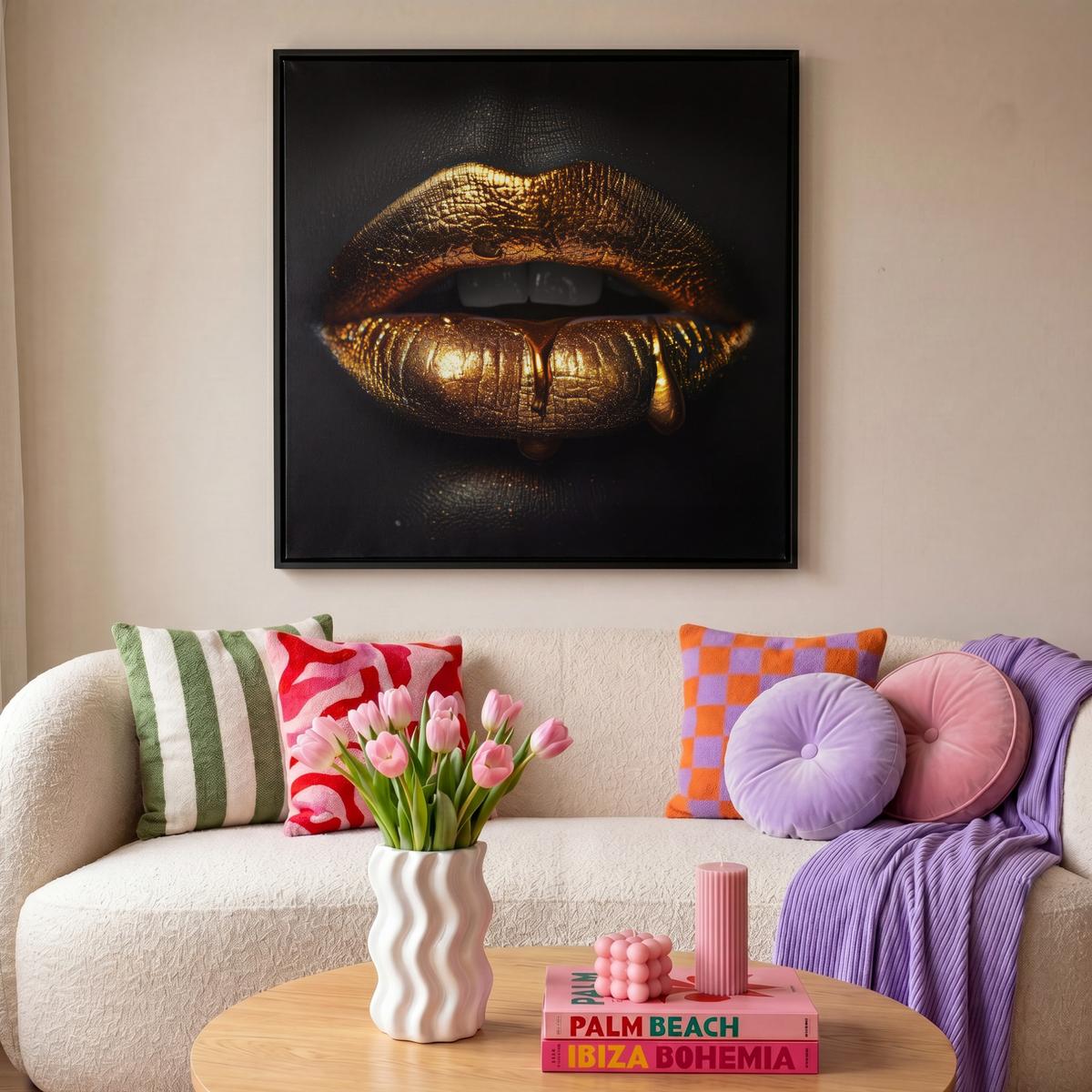 LEINWAND Bilder mit Rahmen - Frau - Porträt - Lippen - Gold - Schwarz - 90x90 - Schwarz, Textil (90/90cm) - MuchoWow
