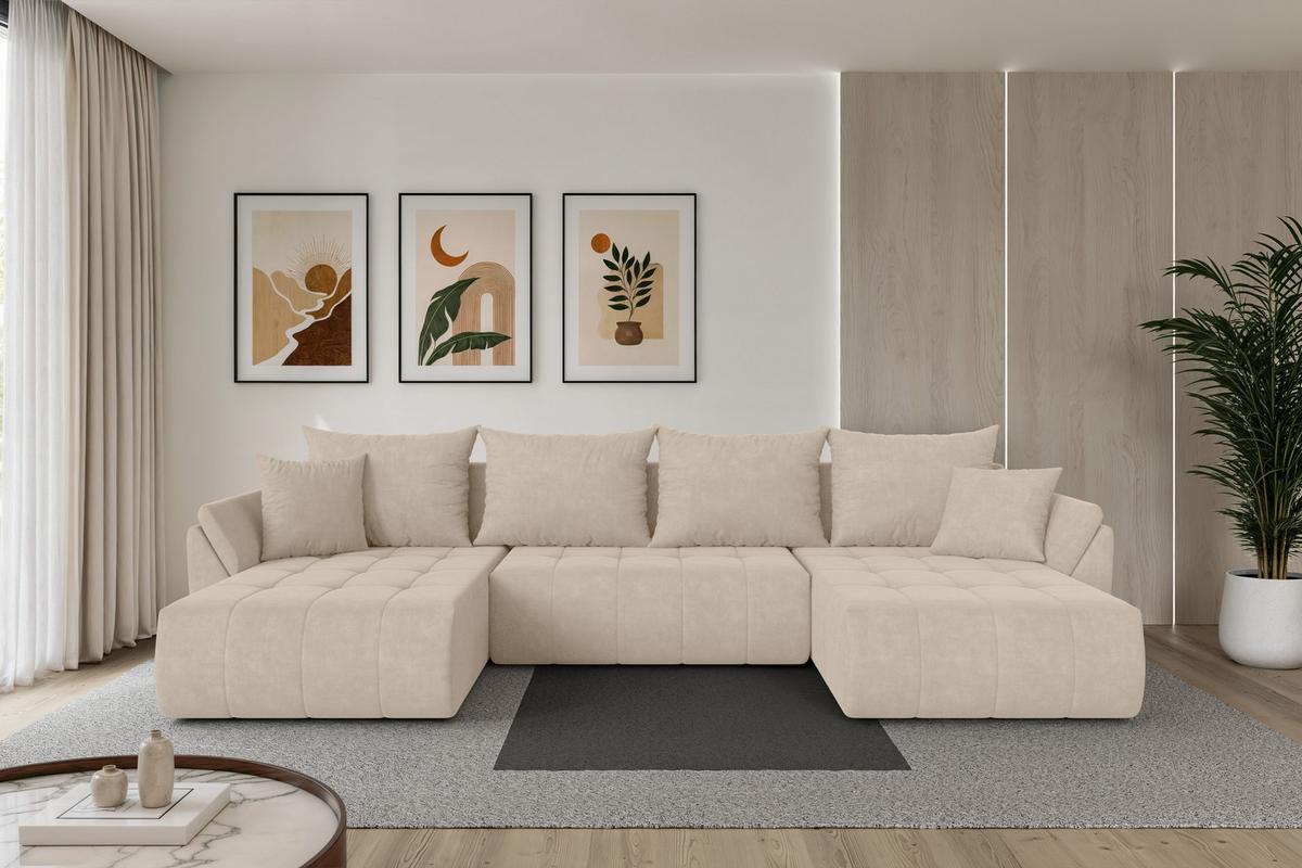 WOHNLANDSCHAFT mit Schlaffunktion und Bettkasten TOKO-U 378x194x86 Beige Velours - Schwarz/Sahara, Holzwerkstoff/Kunststoff (378/86/194cm) - ALTDECOR