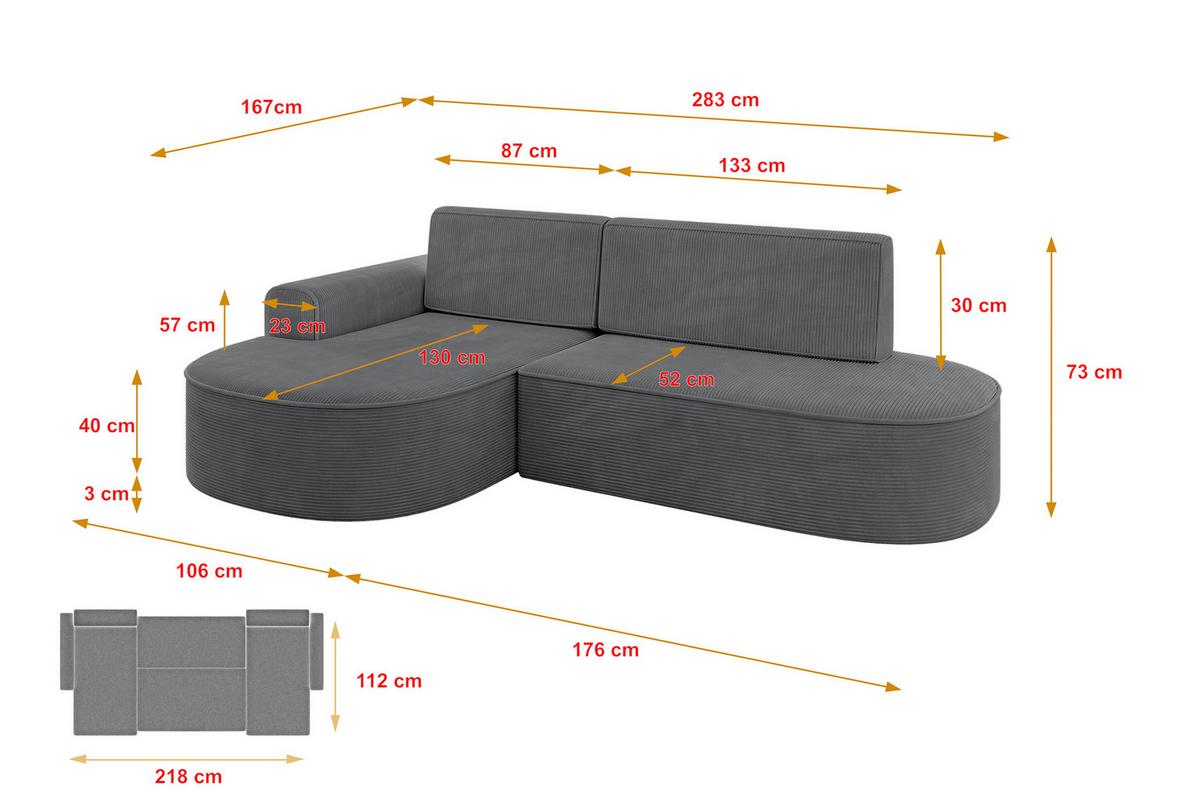 ECKSOFA mit Schlaffunktion und Bettkasten Ottomane Links MARI-L1-S - 283x167x73 cm Dunkelgrau Cord - Alufarben/Schwarz, Holzwerkstoff/Kunststoff (283/167cm) - ALTDECOR