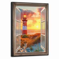 LEINWAND Bilder mit Rahmen - Aussicht - Fenster - Leuchtturm - Sonnenuntergang - Strand - 50x70 - Dunkelorange, Textil (50/70cm) - MuchoWow