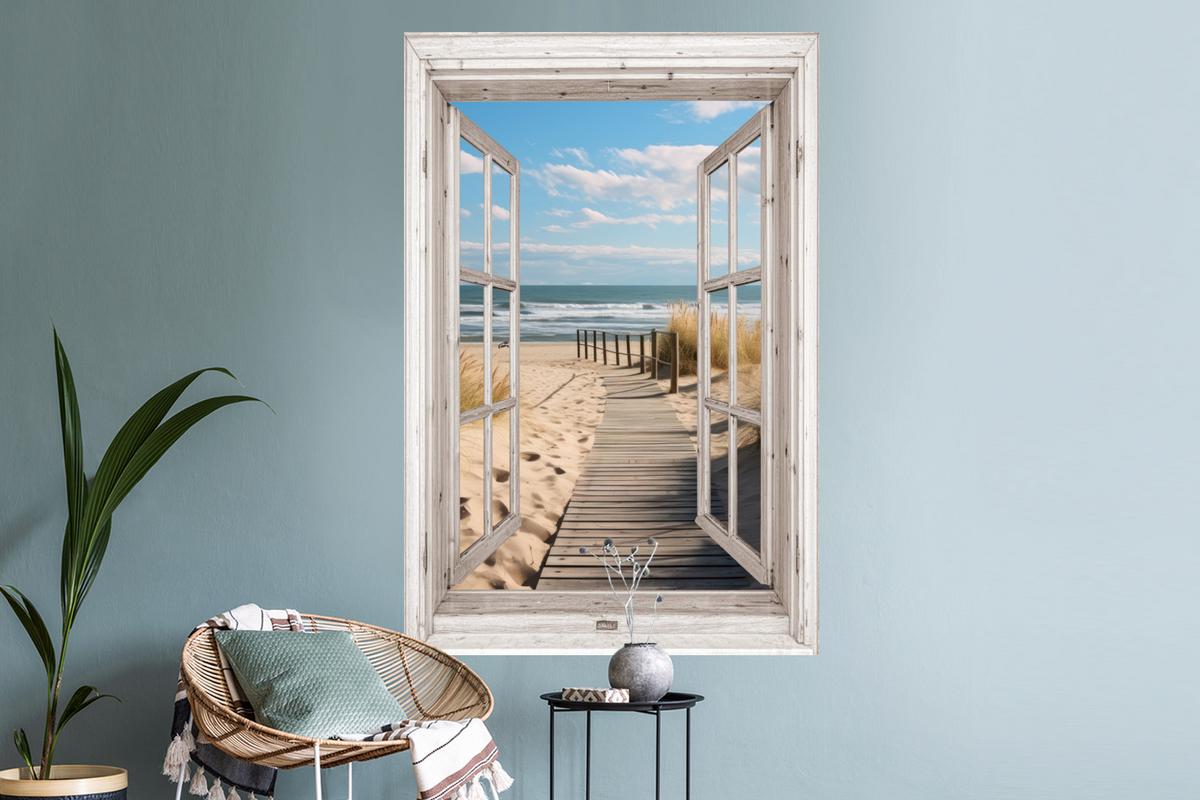 WANDTATTOO Fenster - Meer - Küste - Natur - Ausblick - Strand - Wattenmeer Wandaufkleber 80x120 cm - Beige, Kunststoff (80/120/0.1cm) - MuchoWow