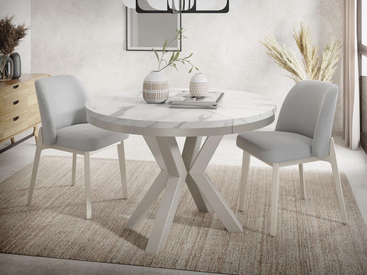 ESSTISCH Clara Grau-Beige runder ausziehbarer, Marmor Weiß 120-200/120/76 cm - Ecru/Greige, Holzwerkstoff/Metall (120/196/76cm) - WFL GROUP