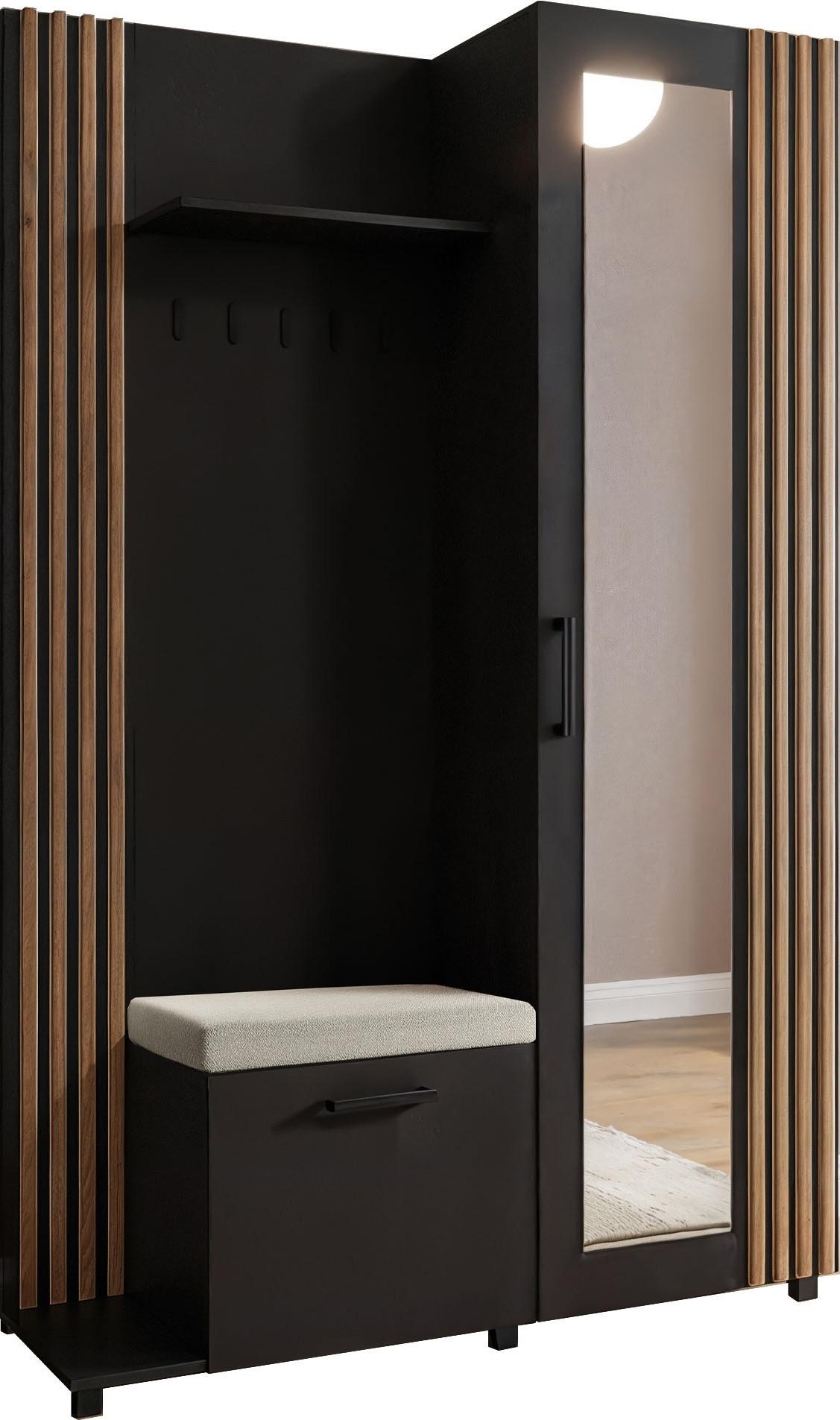 GARDEROBE Linaro mit Spiegel, Sitzbank in Lamellen-Optik 137/207/42 cm, Links - Schwarz, Holzwerkstoff (137/207/42cm) - WFL GROUP