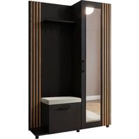 GARDEROBE Linaro mit Spiegel, Sitzbank in Lamellen-Optik 137/207/42 cm, Links - Schwarz, Holzwerkstoff (137/207/42cm) - WFL GROUP