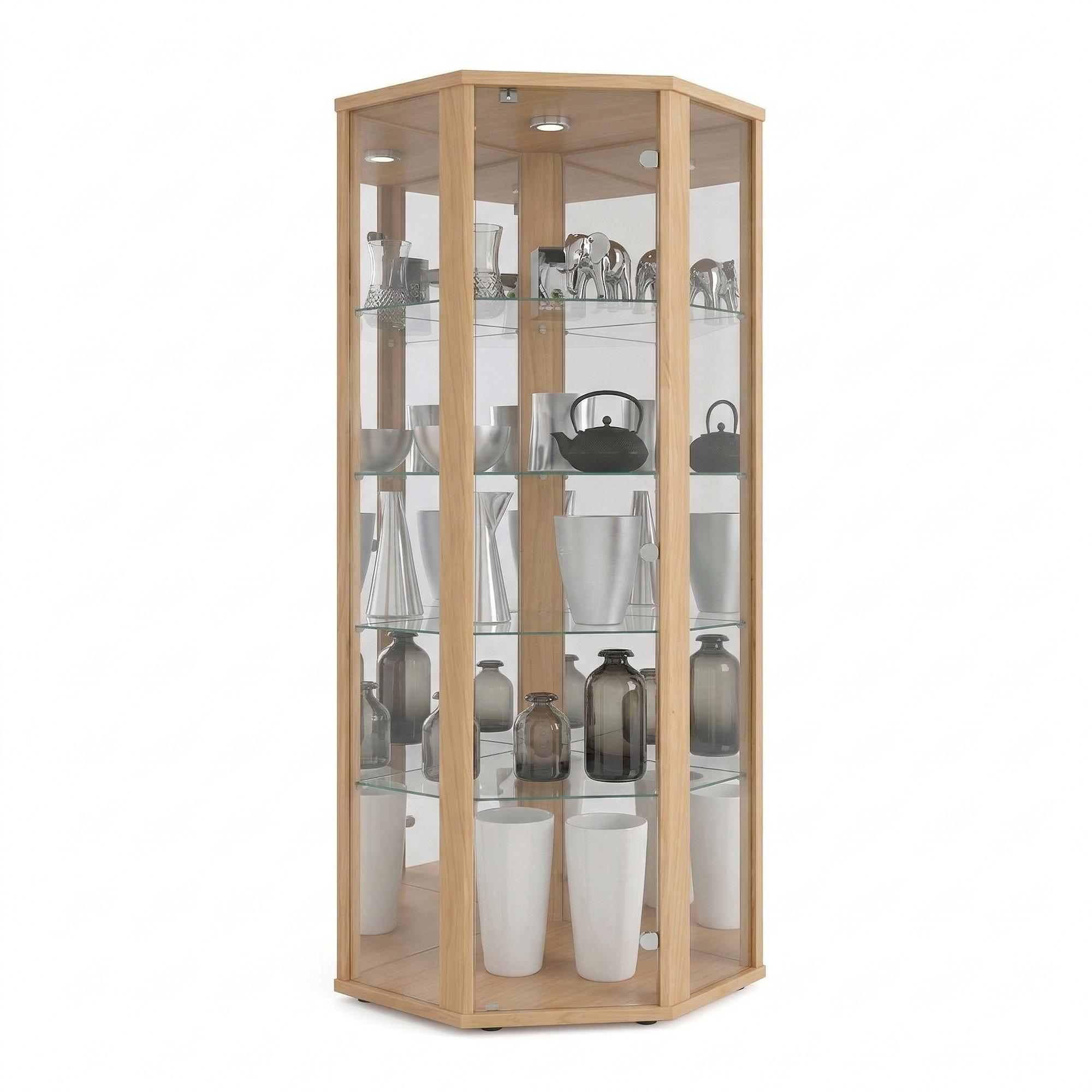 ECKVITRINE 56,5/56,5/176 cm mit Spiegel, LED & Schloss - Transparent/Silberfarben, Glas/Holzwerkstoff (56.5/176/56.5cm) - K-Möbel
