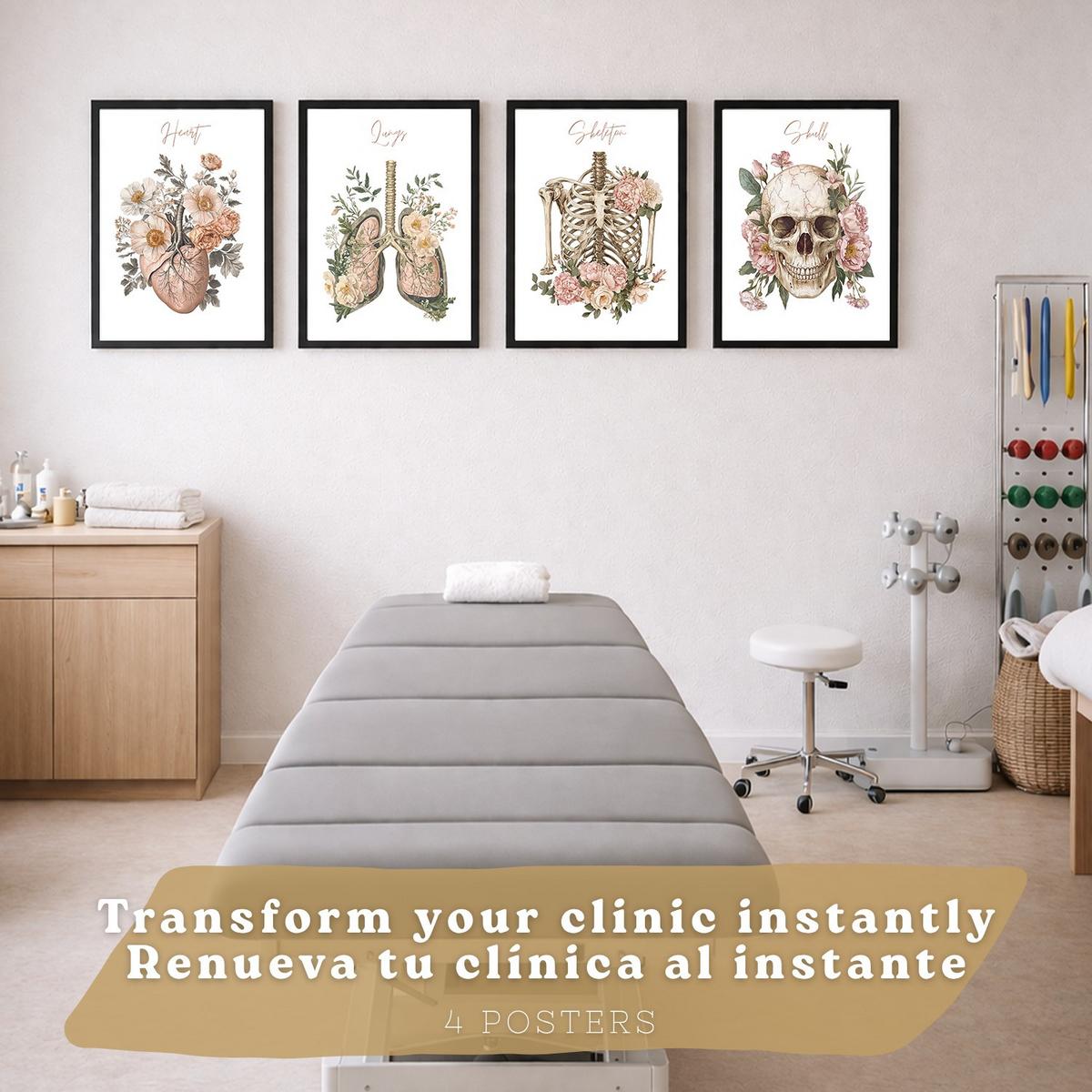 POSTER Set aus 4 Anatomie Mensch Florale Drucke und Wandbilder mit Herz Lungen Skelett und Schädel Stil Wanddekoration Größe Schwarzer Rahmen A4 - Schwarz, Papier (21/29.7/3cm) - Nacnic