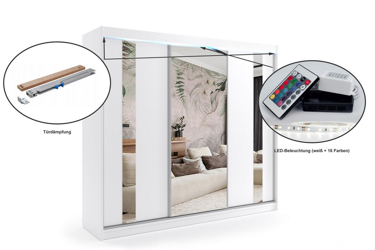 KLEIDERSCHRANK mit Spiegel-Schiebetüren und Aluminium-Leisten, LED-Beleuchtung - GRACE - 240 cm Weiß - Weiß, Holzwerkstoff (240/216/61cm) - ALTDECOR