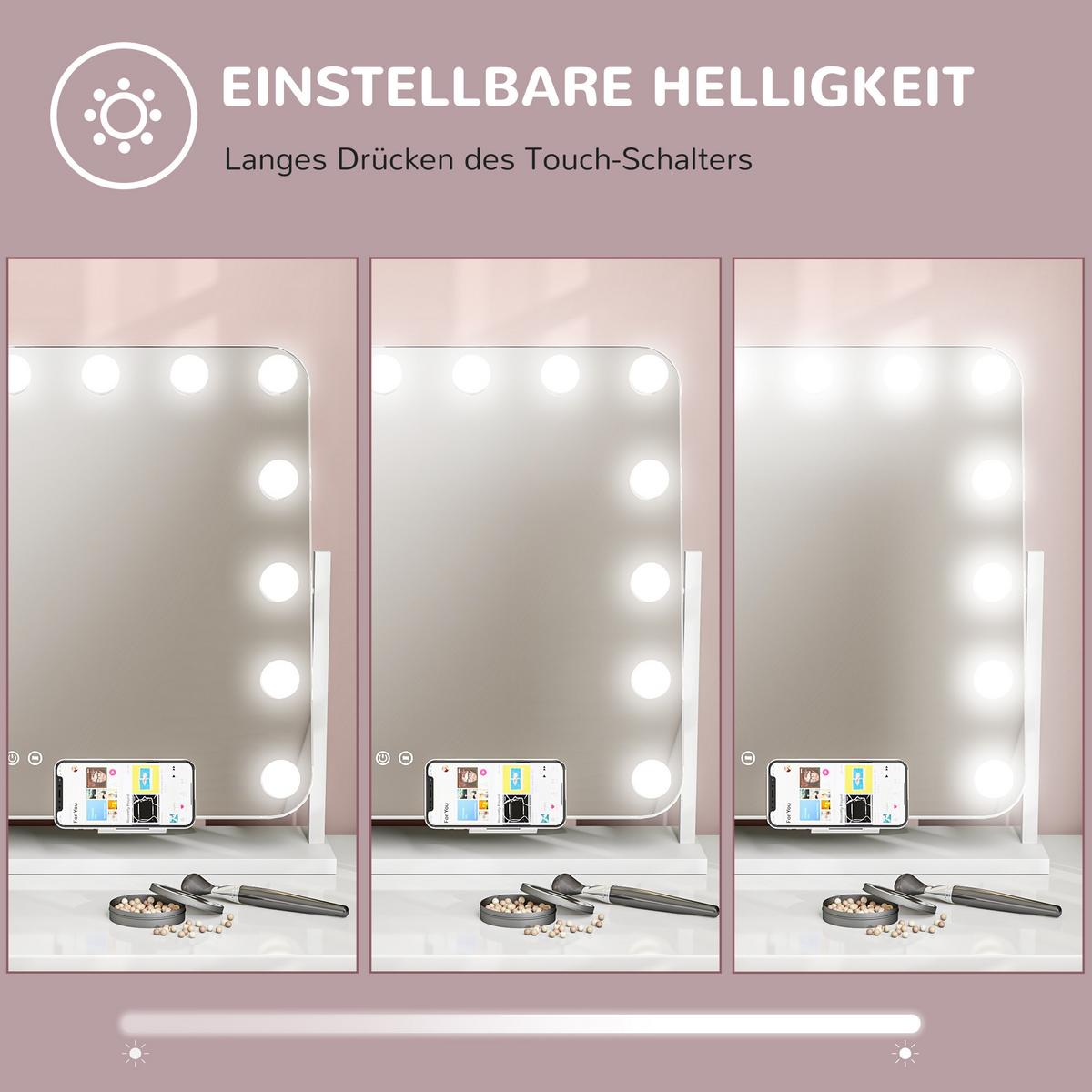 HOLLYWOOD Spiegel mit Beleuchtung 62,5 x 52 cm Schminkspiegel mit 15 LED Licht - Weiß, Metall (62.5/52/14cm) - HOMCOM