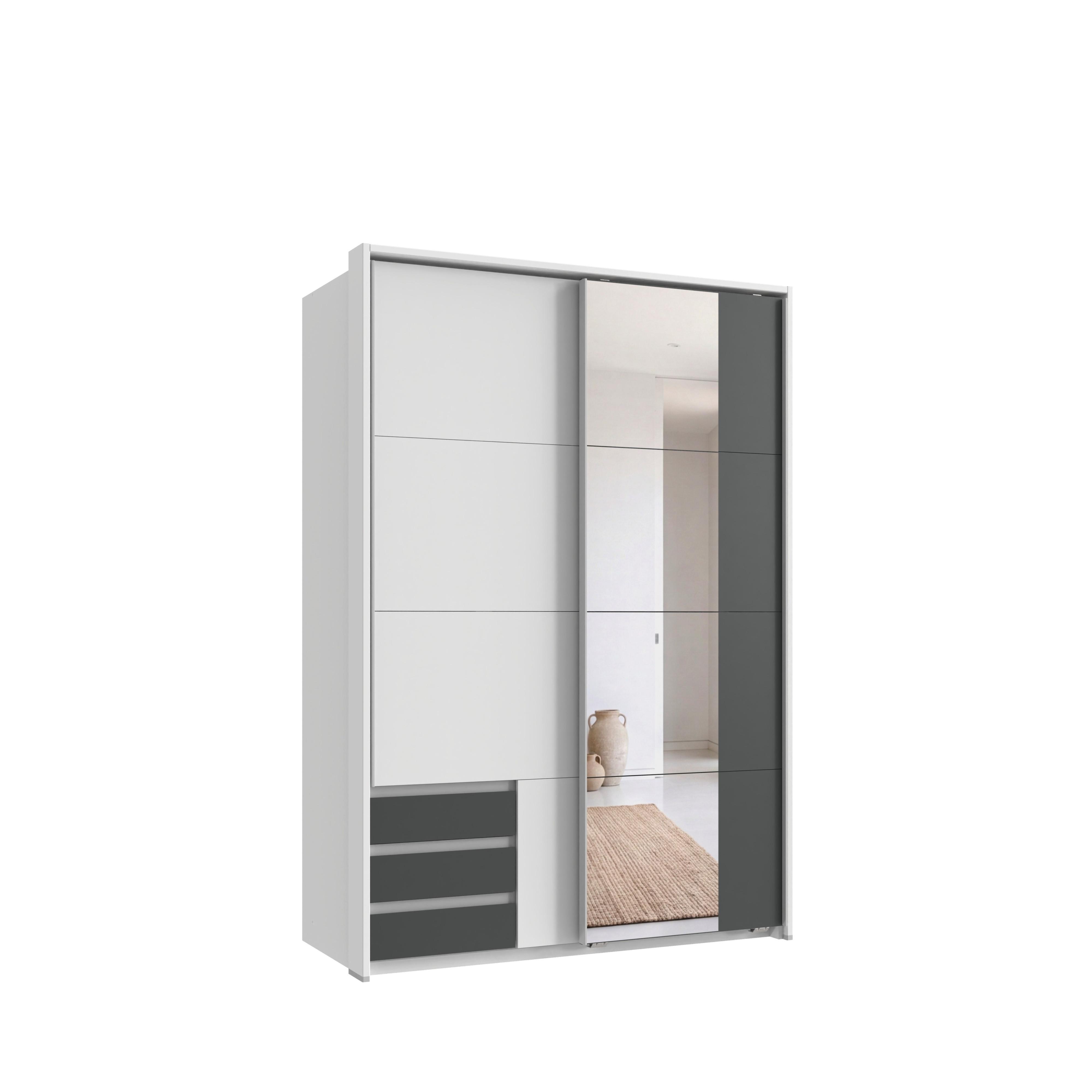SCHWEBETÜRENSCHRANK 2-türig B138/H200/T65 cm, Passepartout-Kleiderschrank in Weiß, 1x Tür & sichtbare Schubkästen in Grafit mit Spiegel / 22682 - Graphitfarben/Alufarben, Holz/Holzwerkstoff (138/200/65cm) - luma-home