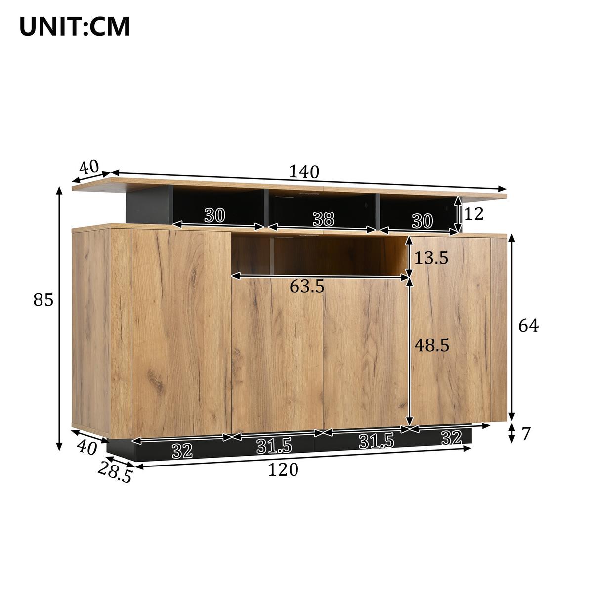 SIDEBOARD 140 cm Naturholz & Schwarz mit 4 Türen & offenen Fächern im modernen Stil - Naturfarben, Holzwerkstoff (140/85/40cm) - Urban Meuble