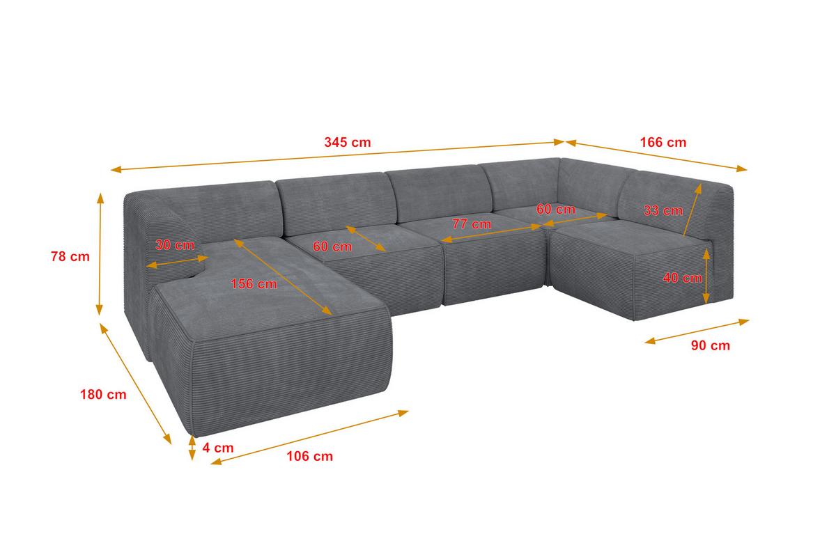 WOHNLANDSCHAFT Ottomane Links MOVO-L 345x180x78 cm Dunkelgrau Cord - Dunkelgrau, Holzwerkstoff/Kunststoff (345/78/180cm) - ALTDECOR
