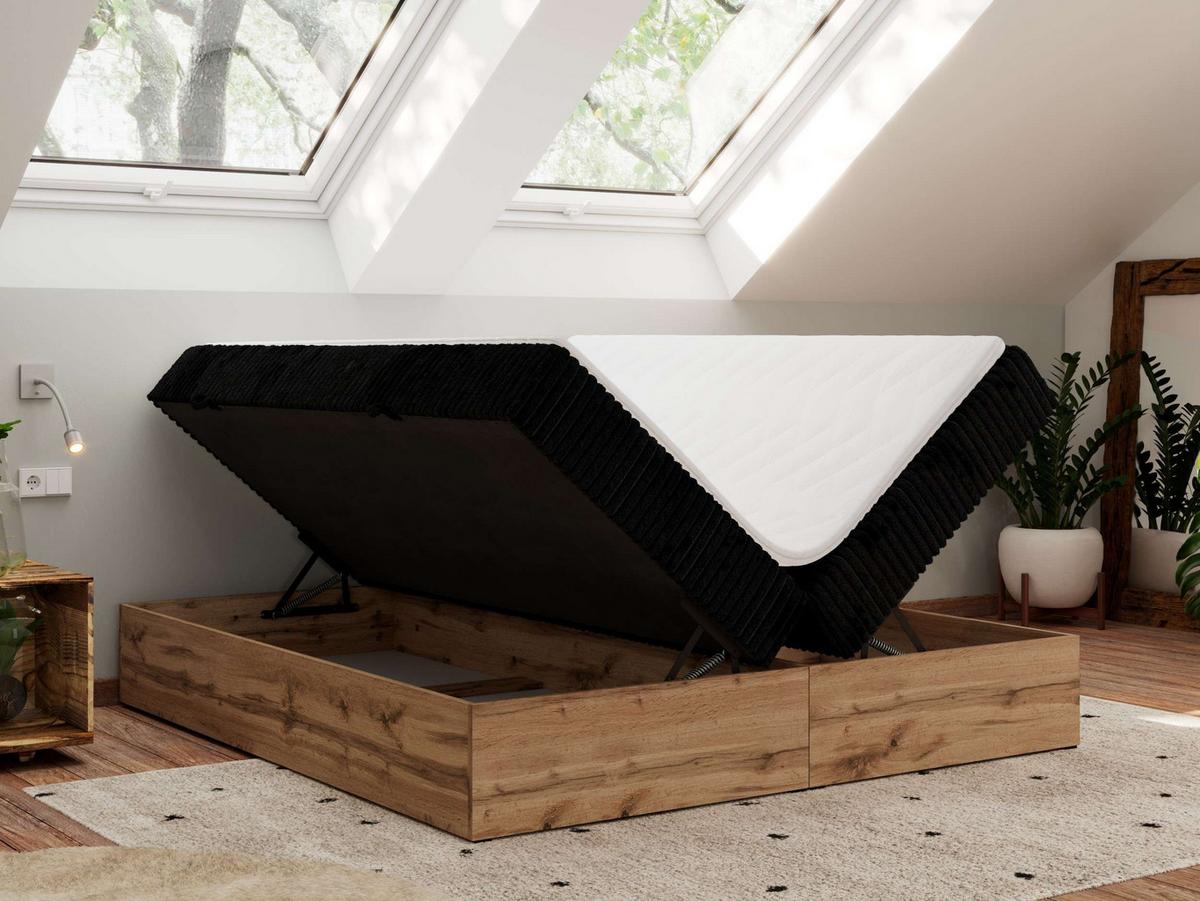 BOXBETT WOOD ZERO 160/200 - Schwarz Cord - H3 - Topper Visco - Schwarz, Textil (160/200cm) - MKS